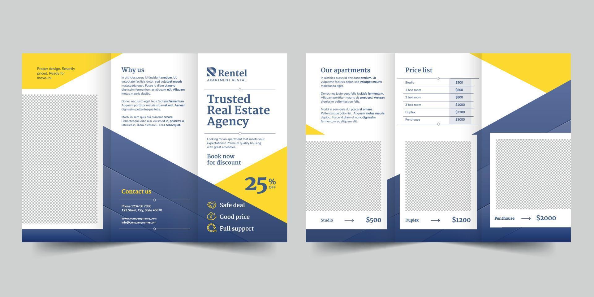 Apartment Rental trifold brochure template,  flyer vector layout Trifold mockup Pro Vector