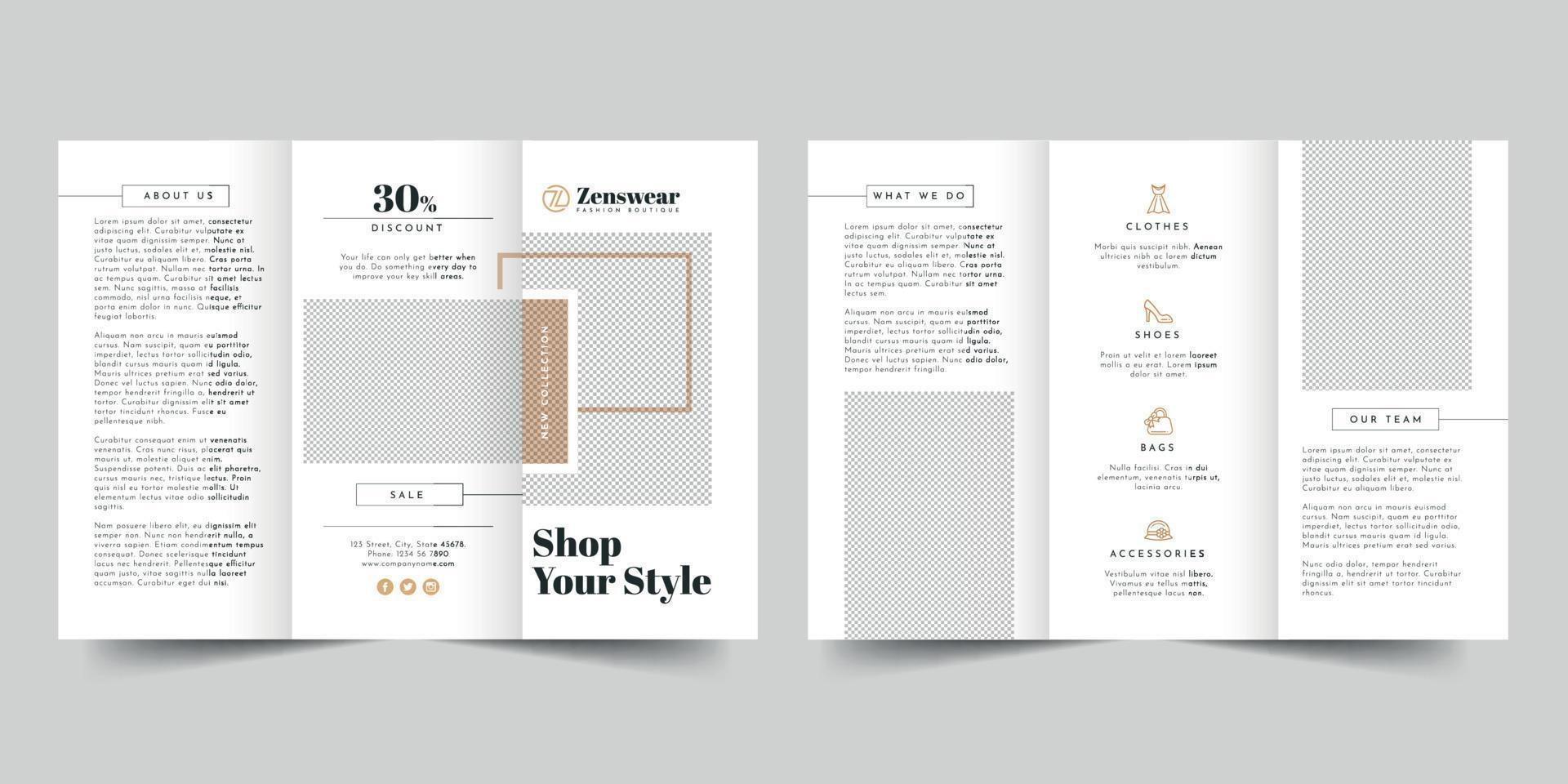 Boutique trifold brochure template,  flyer vector layout Trifold mockup Pro Vector