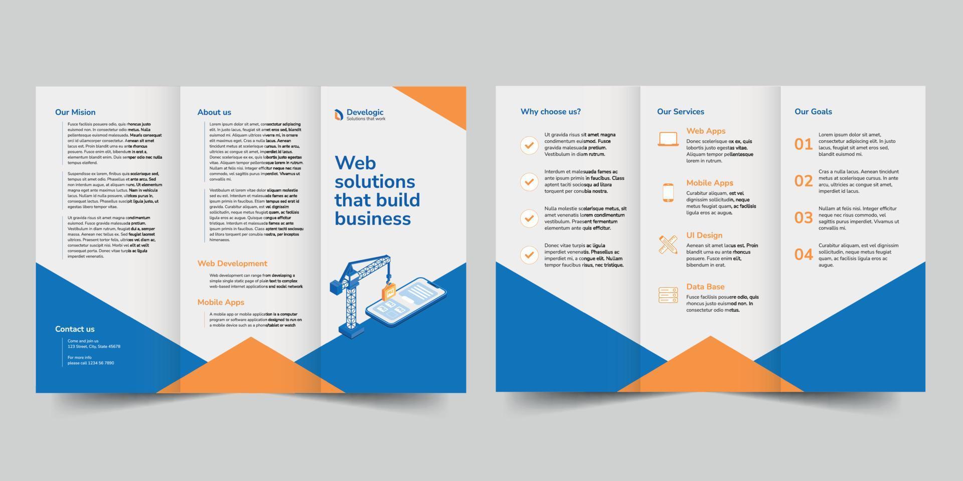 Web And Mobile App Development trifold brochure template,  flyer vector layout Trifold mockup Pro Vector