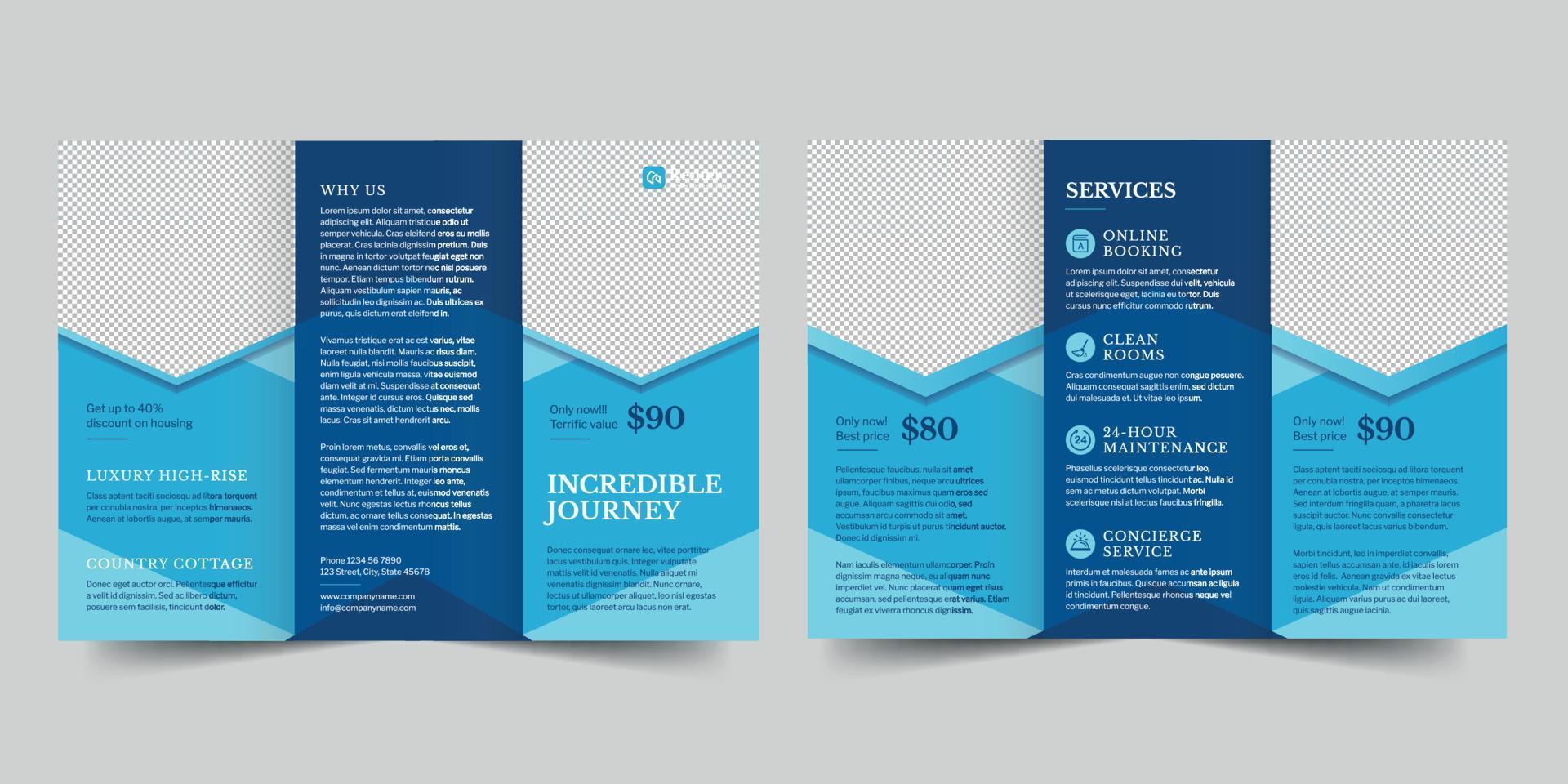 Vacation Rental trifold brochure template,  flyer vector layout Trifold mockup Pro Vector
