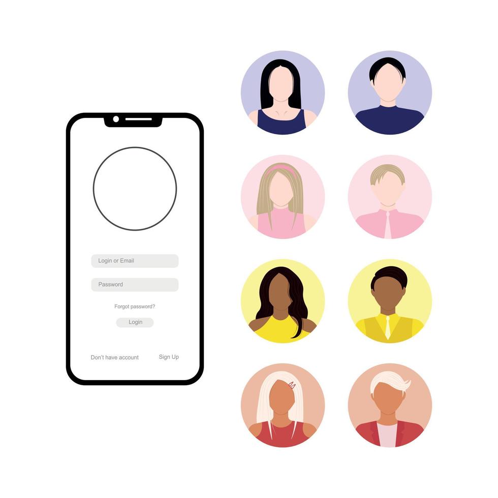 Set of avatars of men and women for profile. Login authentication concept on smartphone screen vector