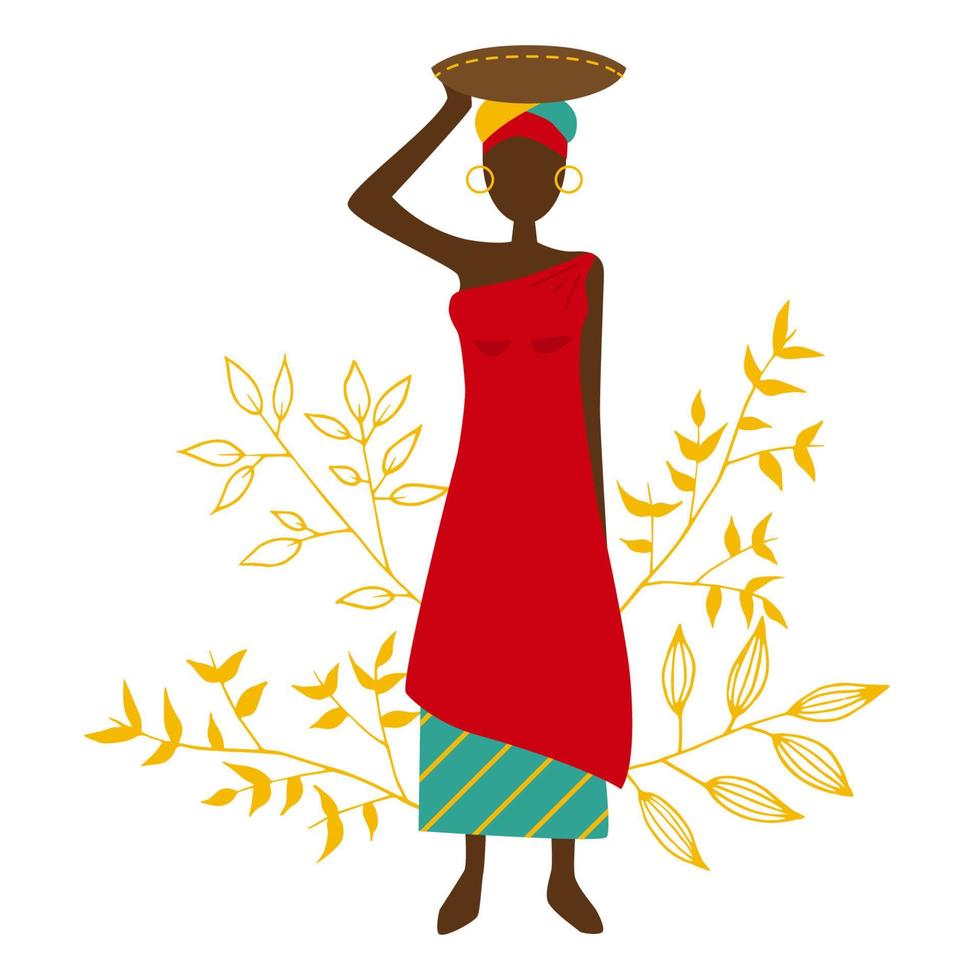 Vector illustration of tanzania woman. African woman with leaves on the background.