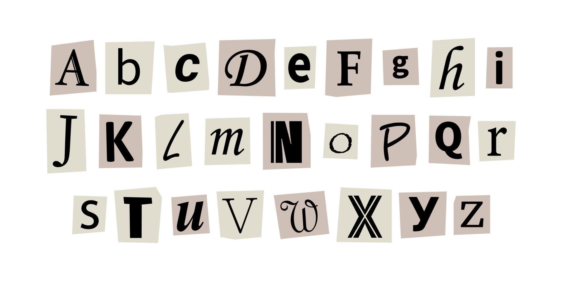 Vector ransom font. Letters cut-outs from newspaper. Character set. Criminal alphabet. Ransom black text on white paper.