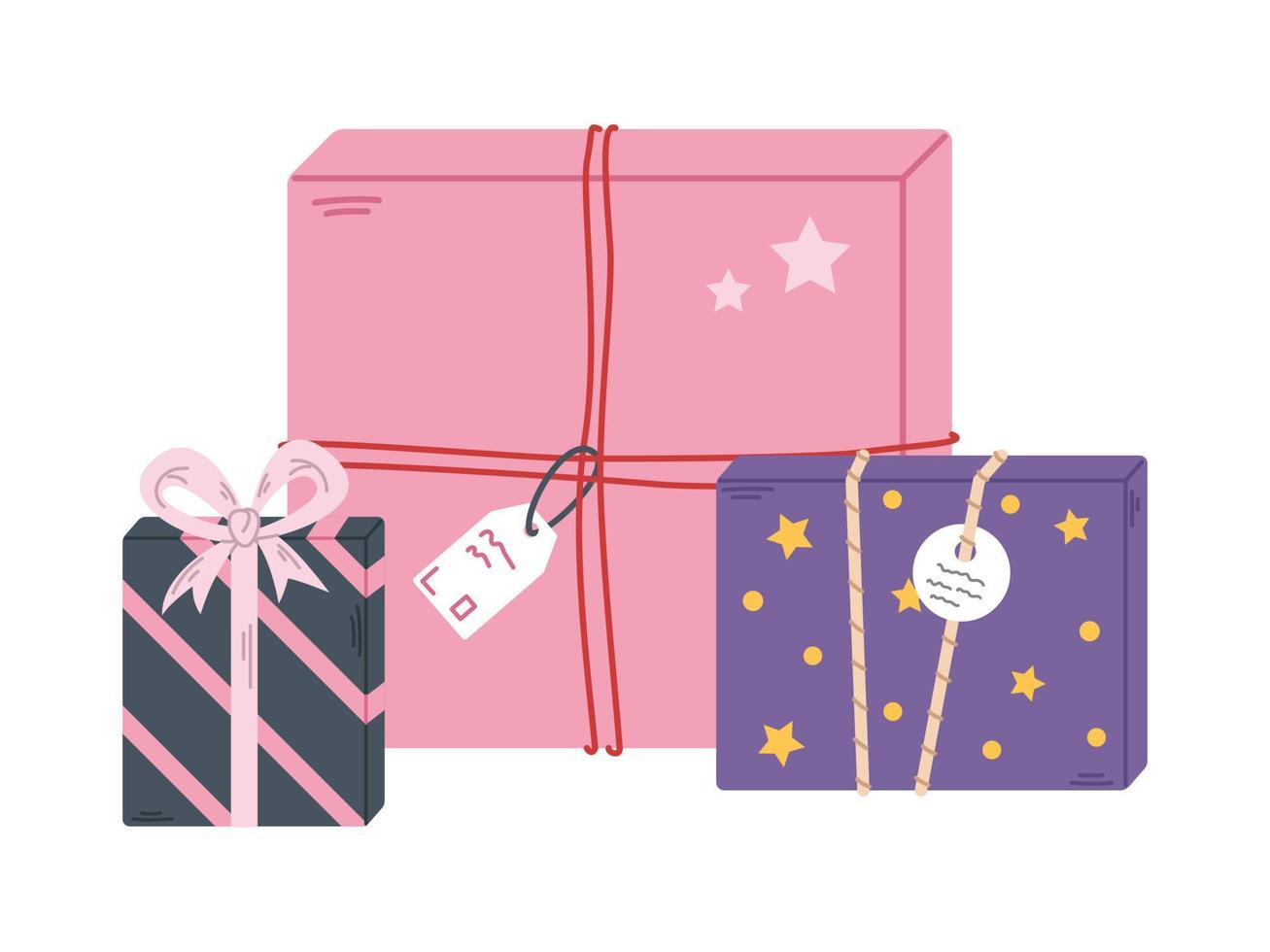 Vector illustration with gift boxes. Presents with ribbon, rope and bow. Gifts with labels. Striped present and gifts with stars for Christmas, Birthday or other celebration in flat design.