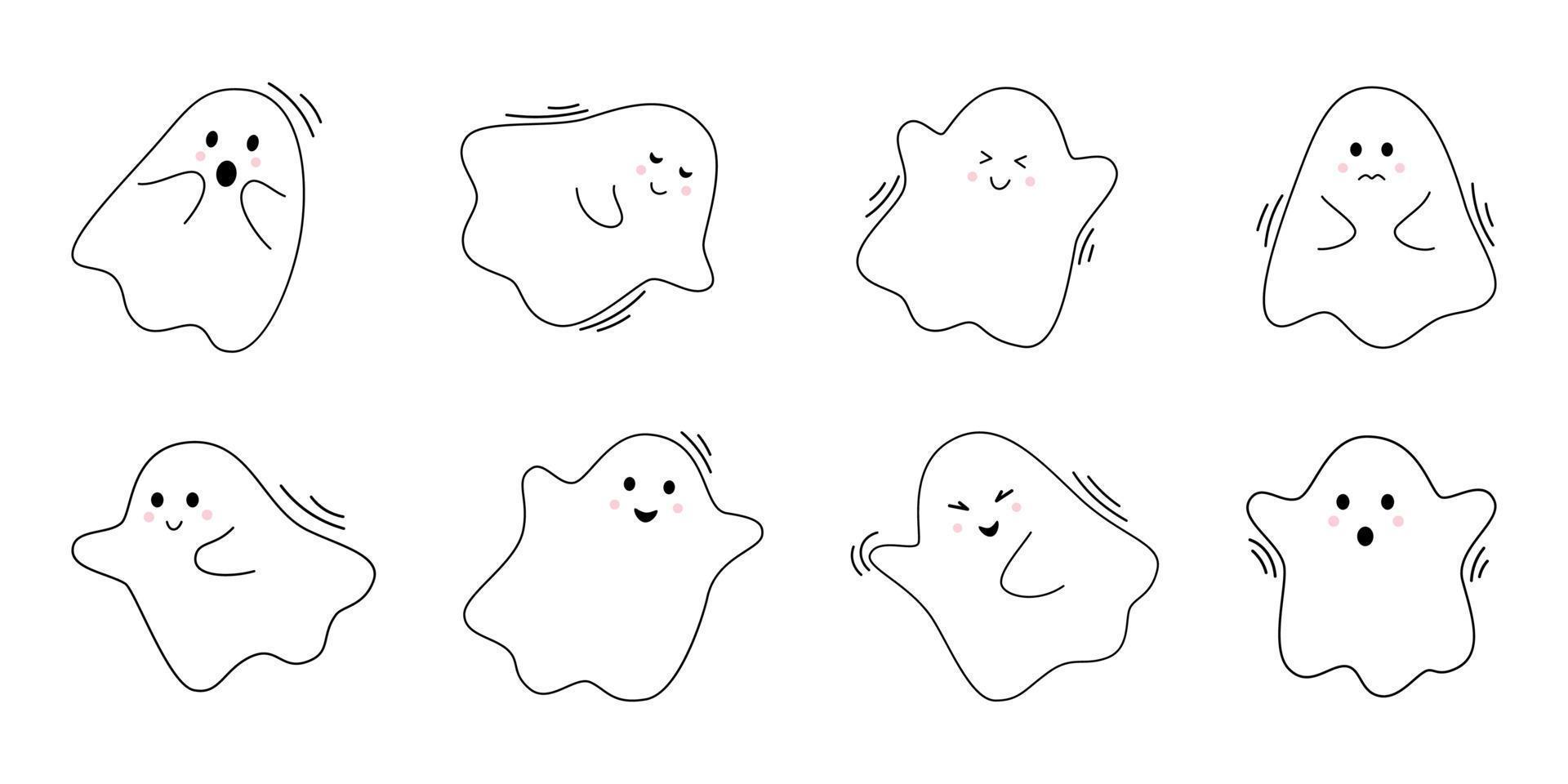 Vector halloween set with cute ghosts. Flying spirits in flat design. Outline phantoms on white background. Doodle ghosts.