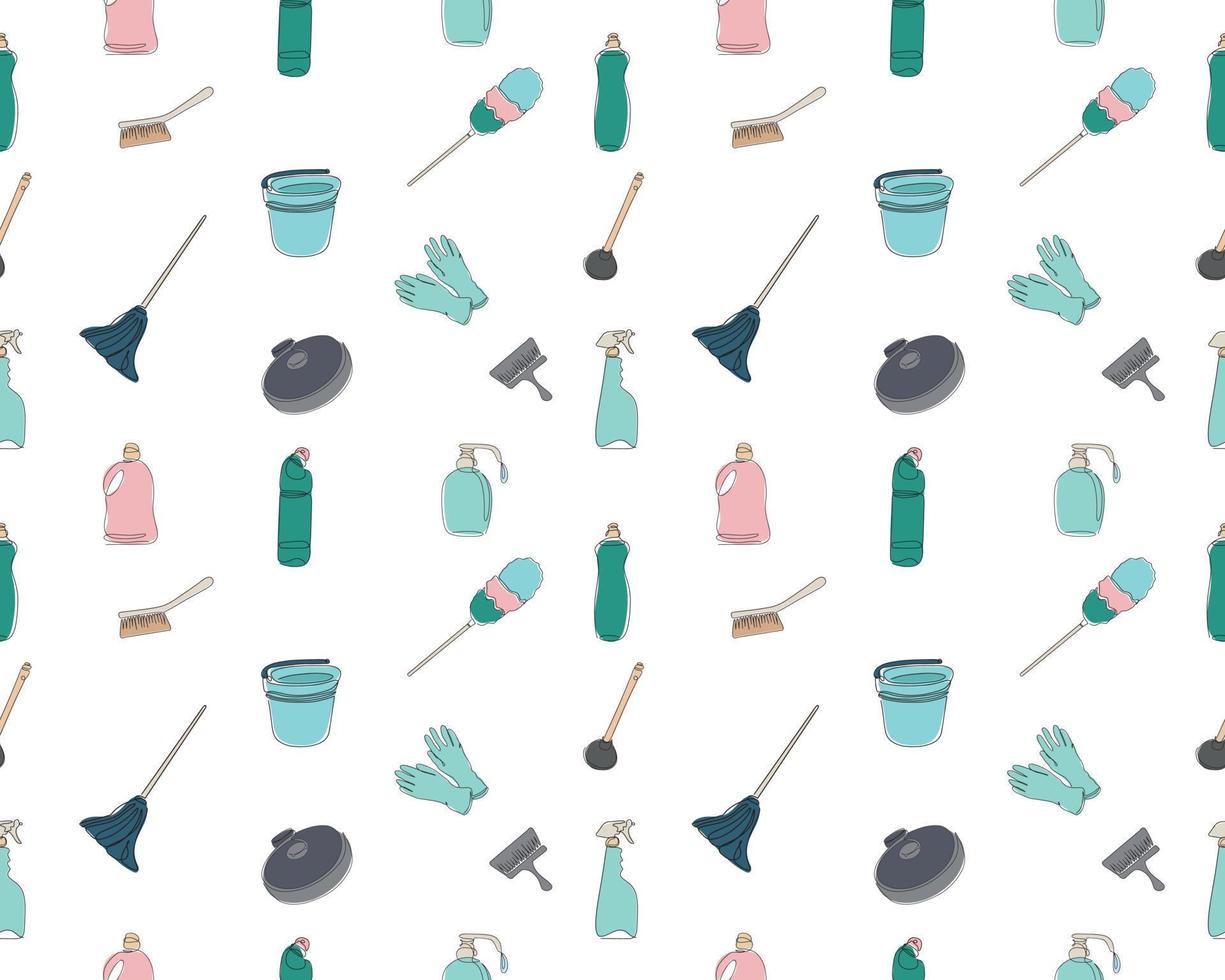Seamless pattern. Cleaning equipment background. Vector illustration isolated on white background. Cleaning products in one line. Vector