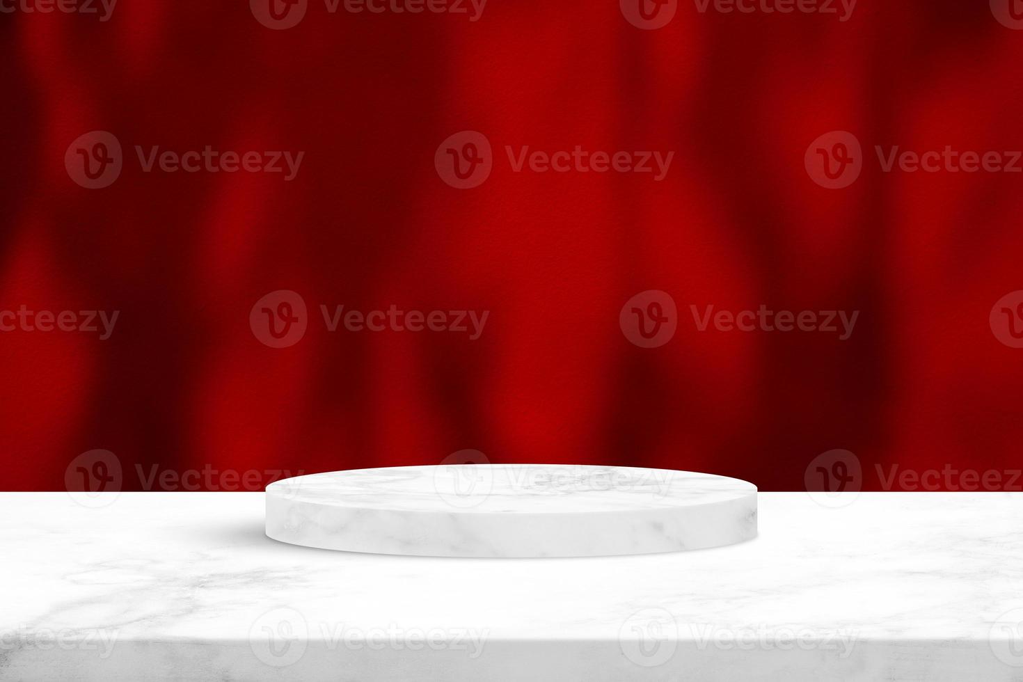 Minimal Marble Cylinder Podium on the Table with Leaf Shadow on White Red Concrete Wall Texture for Background, Suitable for Premium Product Presentation Backdrop, Display, and Mock up. photo