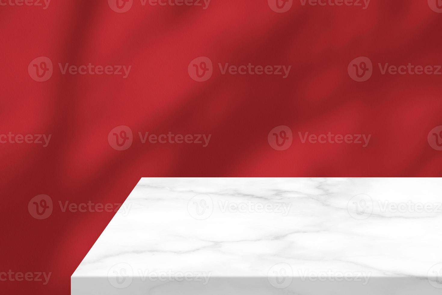 White Marble Table Corner with Light Beam, Shadow, and Spotlight on the Red Concrete Wall Background, Suitable for Product Presentation Backdrop, Display, and Mock up. photo