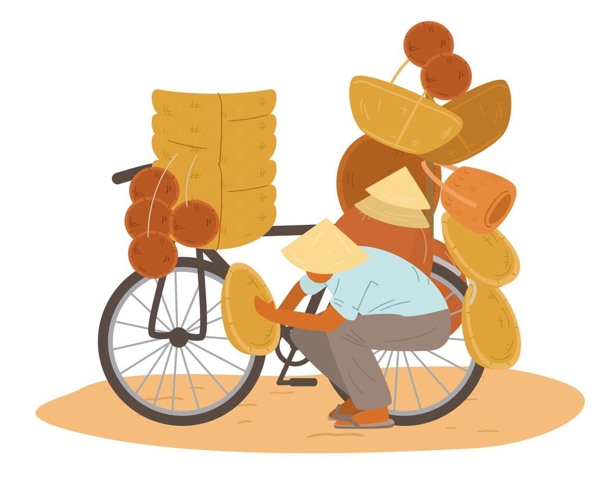 asiático vendedor vistiendo tradicional cónico Paja sombrero sentado cerca bicicleta con un montón de mimbre cestas, platos y sombreros. plano vector ilustración.