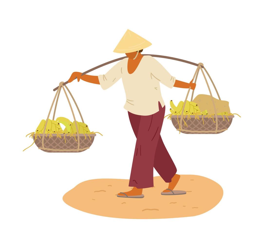 asiático mujer en tradicional vietnamita cónico sombrero que lleva yugo con zumbido cestas con plátanos aislado en blanco. vector ilustración.