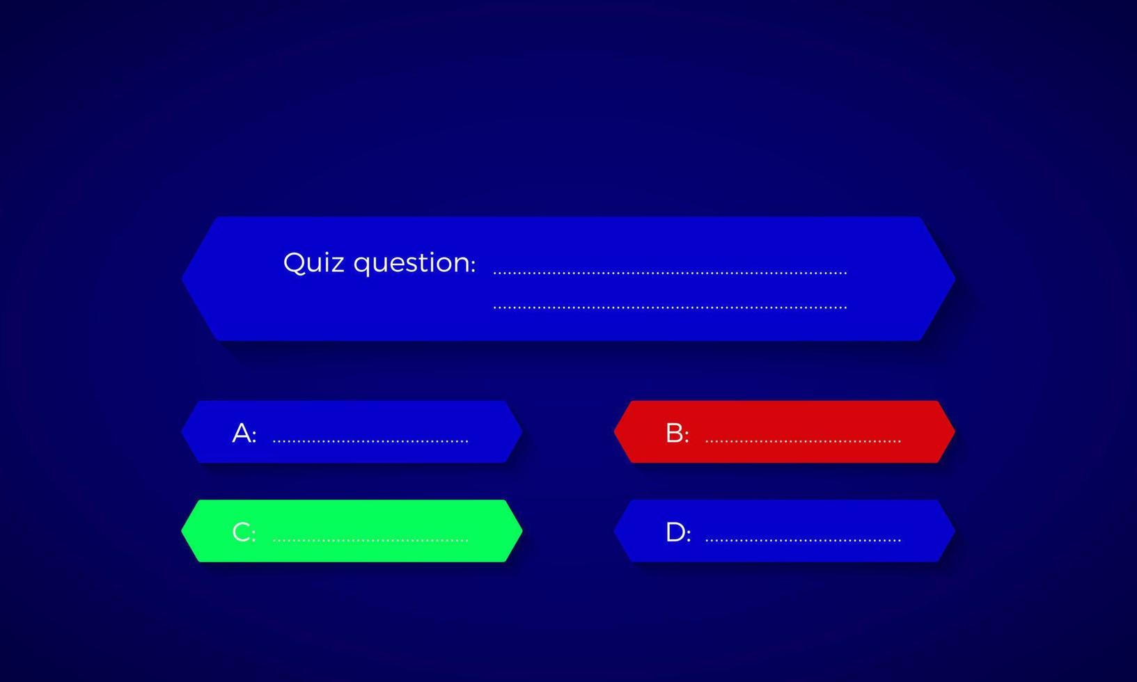 Design of quiz in blue color. Question and four answer option. Correct answer is green. Wrong answer is red. Vector illustration