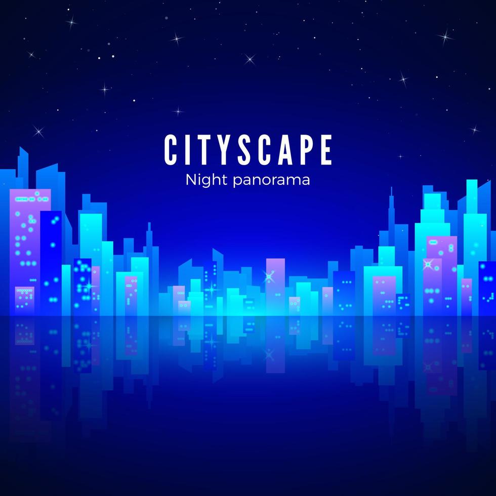 Night city landscape with neon glow and bright colors. Silhouette of futuristic town with reflection. Retro style 80s. Vector illustration