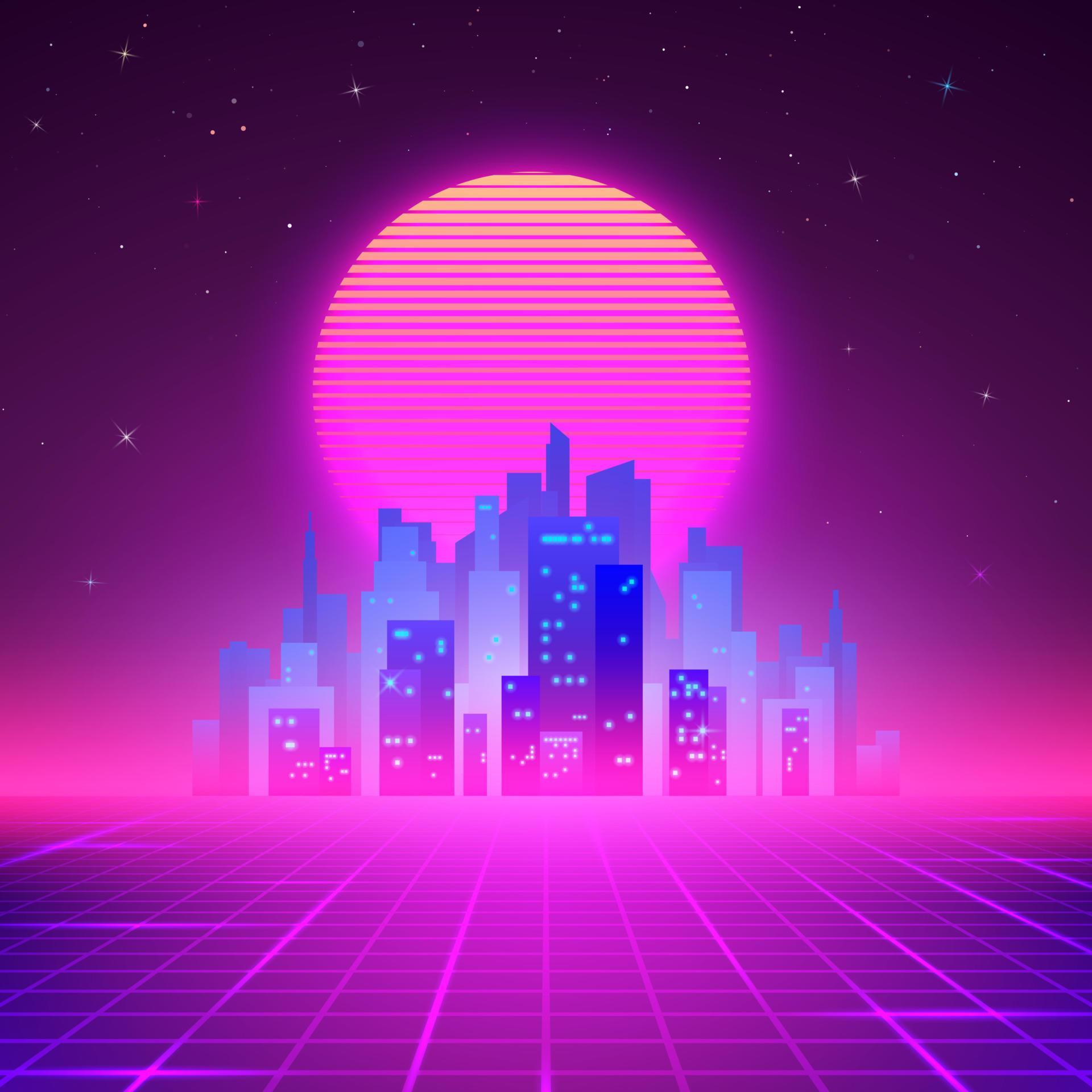 Night City Skyline. 80s Retro Sci-Fi Background. Futuristic Design in ...