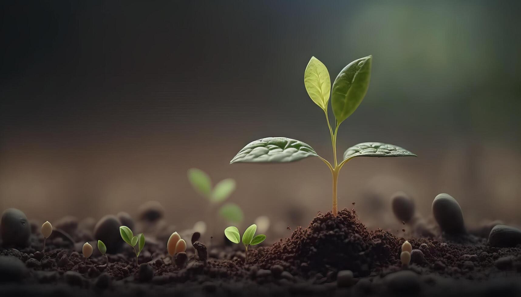 A scene of farming and plant growth is set against a green, blurry backdrop. photo