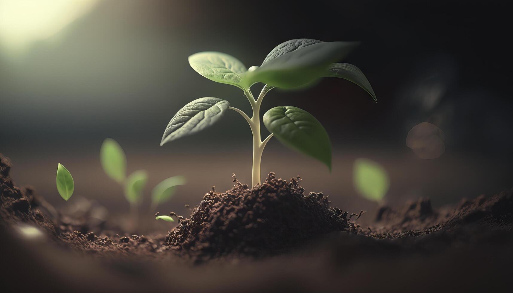 A scene of farming and plant growth is set against a green, blurry backdrop. photo