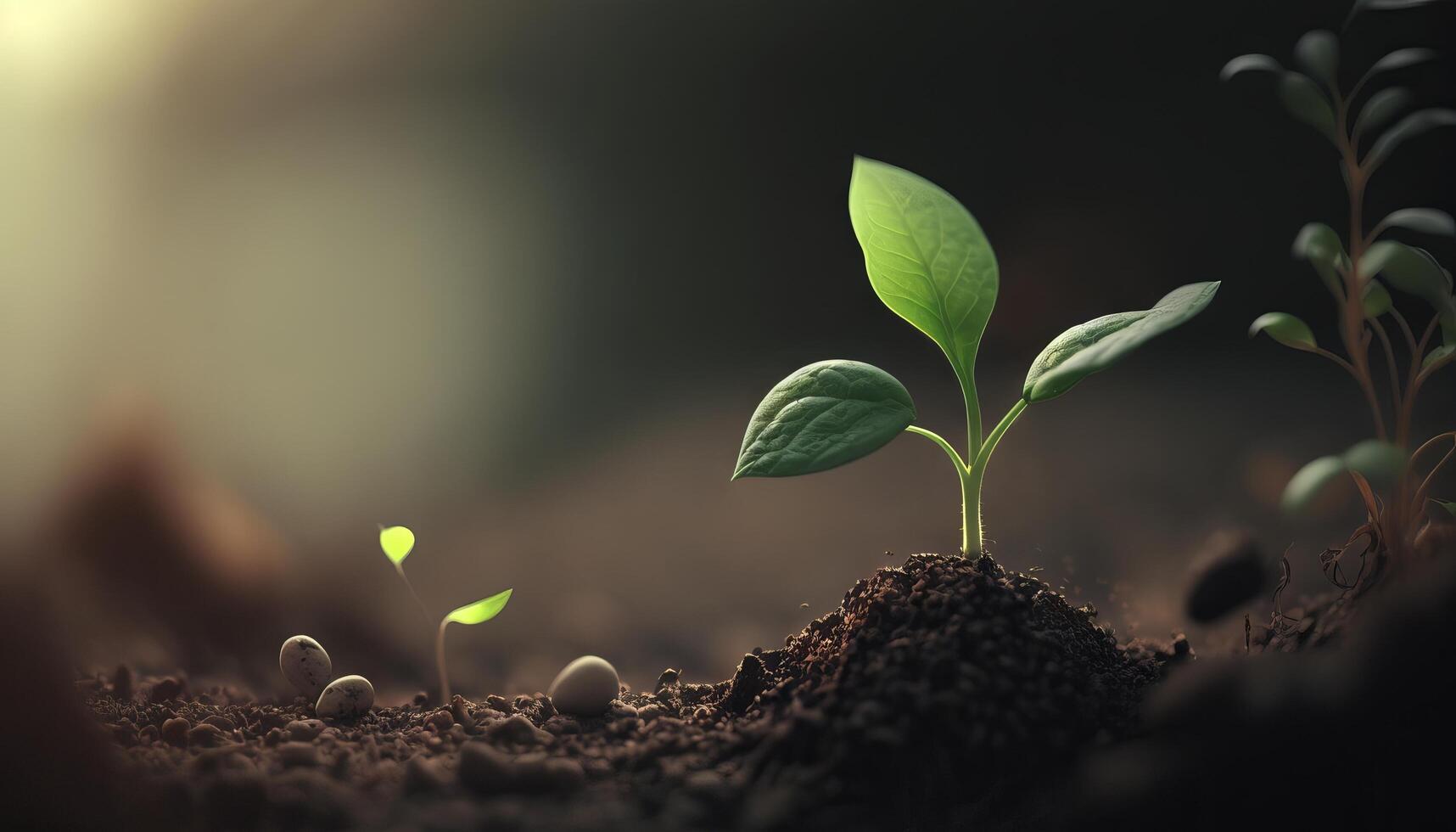 A scene of farming and plant growth is set against a green, blurry backdrop. photo