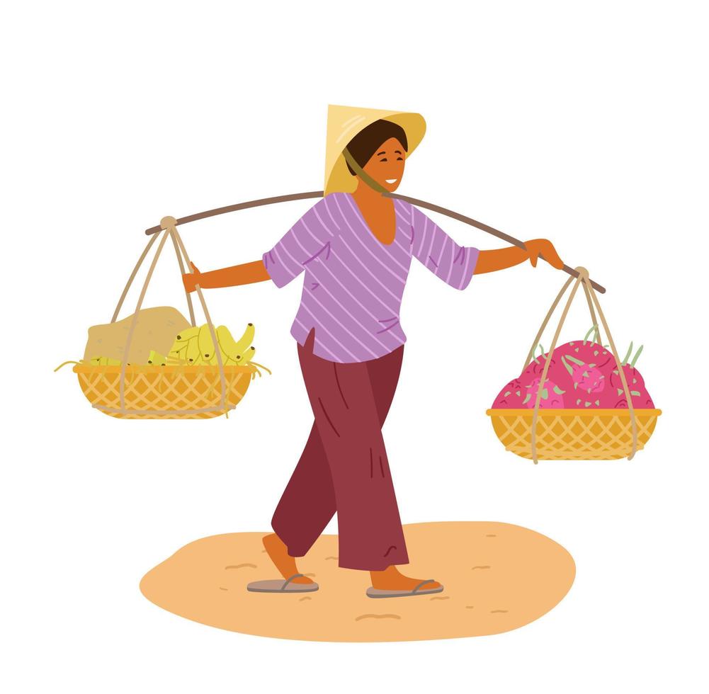Asian Woman In Traditional Vietnamese Conical Hat Carrying Yoke With Whicker Baskets With Bananas And Dragon Fruits. Isolated On White. Vector Illustration.