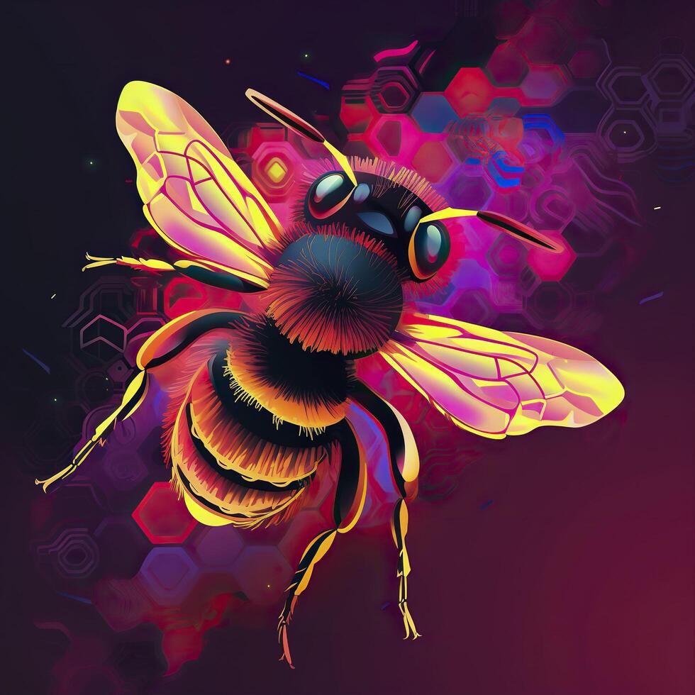 abeja en neón colores. generativo ai. foto