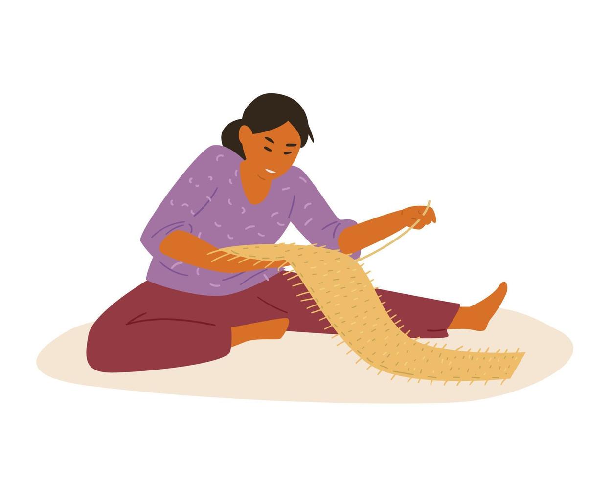 Asian Woman Making Wicker Mat. Artisan Working. Flat Vector Illustration. Isolated On White.