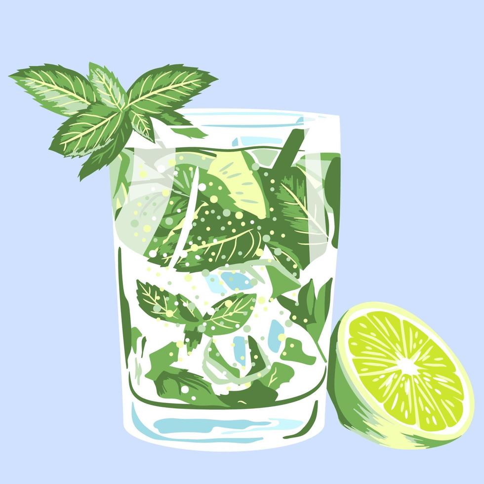 Glass of mojito with a lime and mint leaves on it. vector