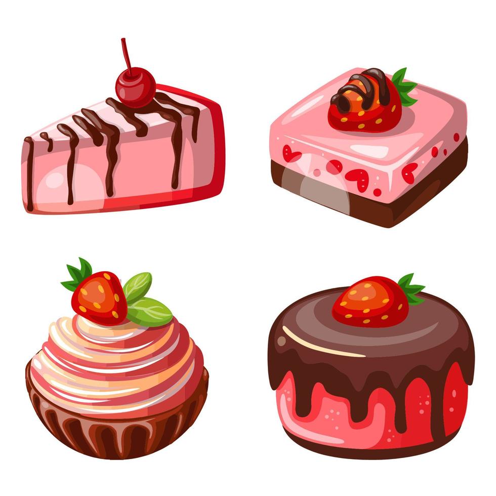 Set of drawing different cakes with berries on top. vector