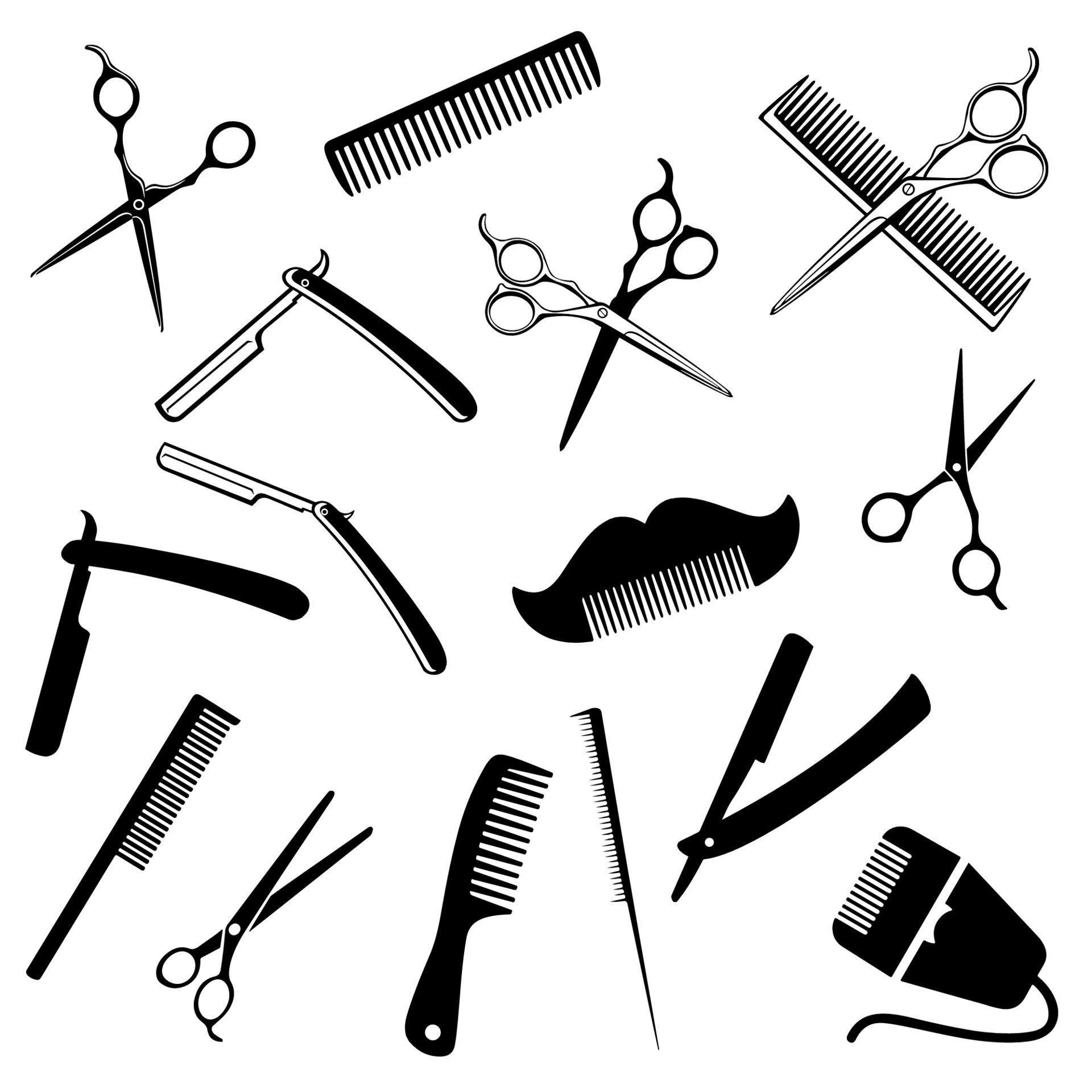 Collection of barber tools including a mustache, scissors, and combs