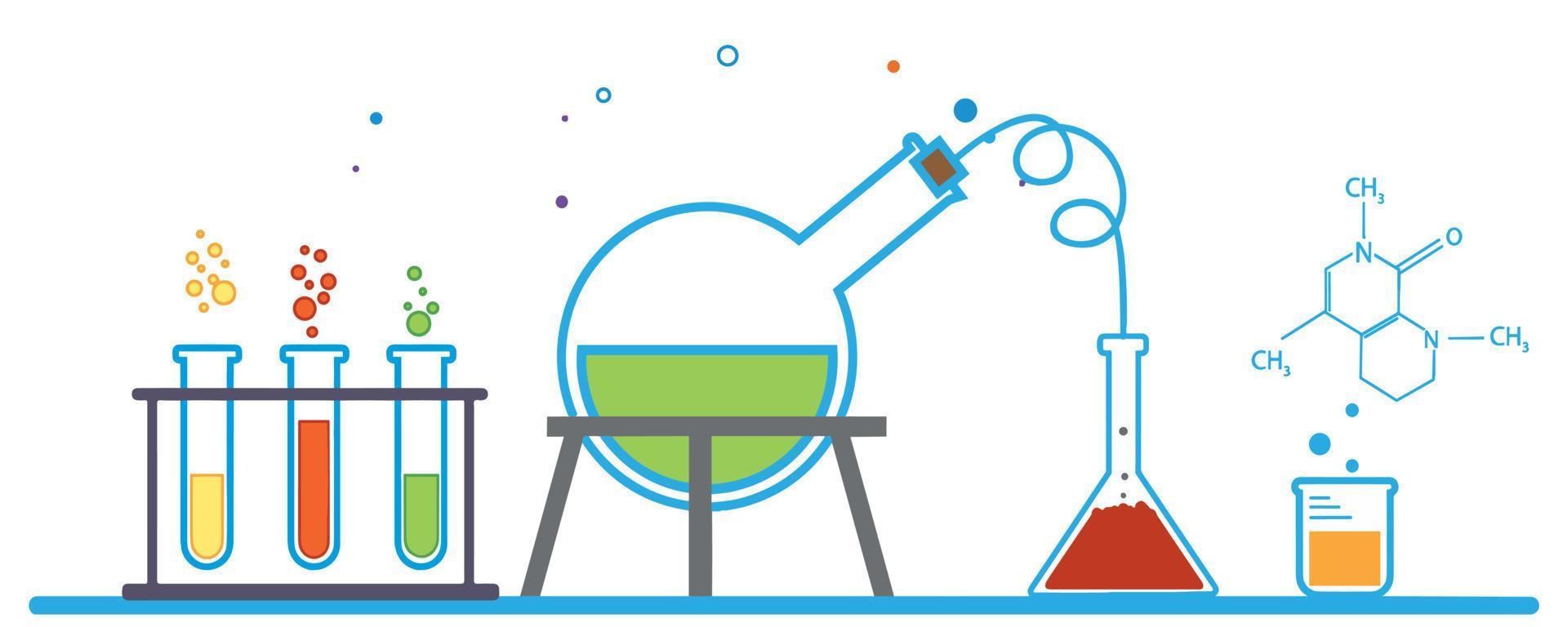 Chemical flasks and test tubes. Illustration of a chemical experiment. vector