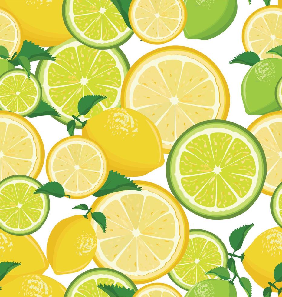 Lemons and limes background of  with green leaves. vector