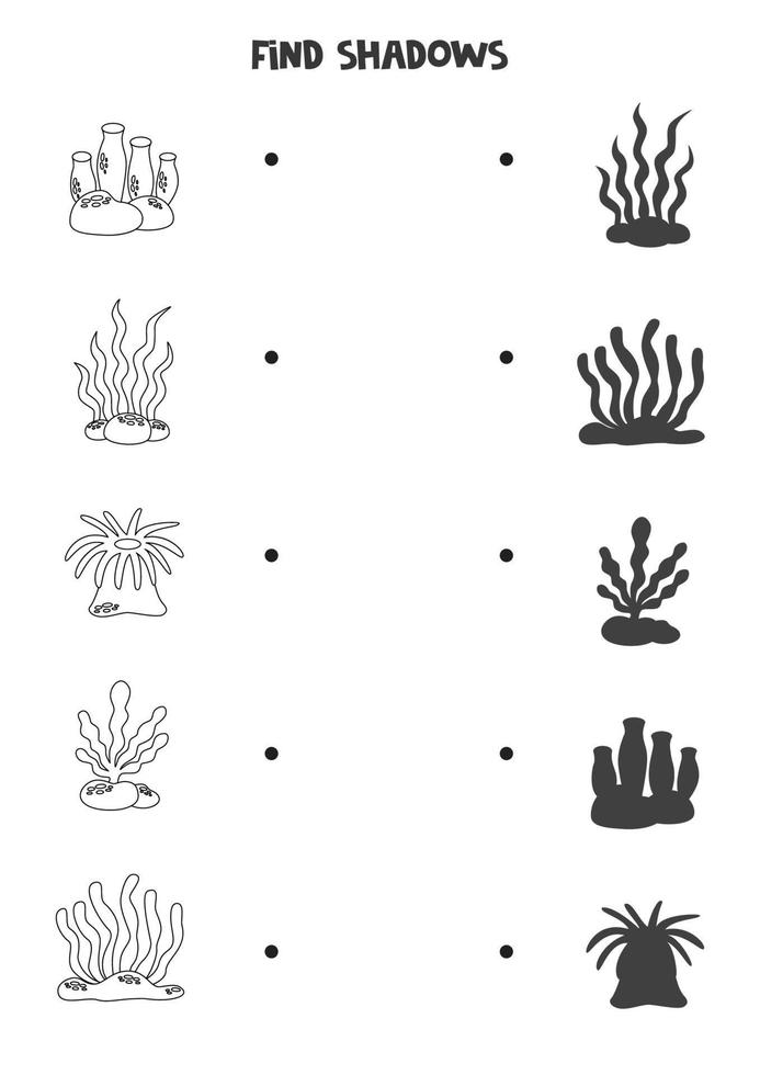 Find the correct shadows of black and white sea weeds. Logical puzzle for kids. vector