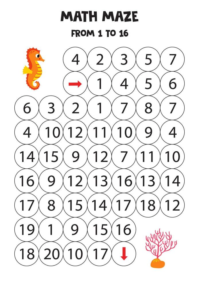 Get cute seahorse to the coral by counting to 16. vector