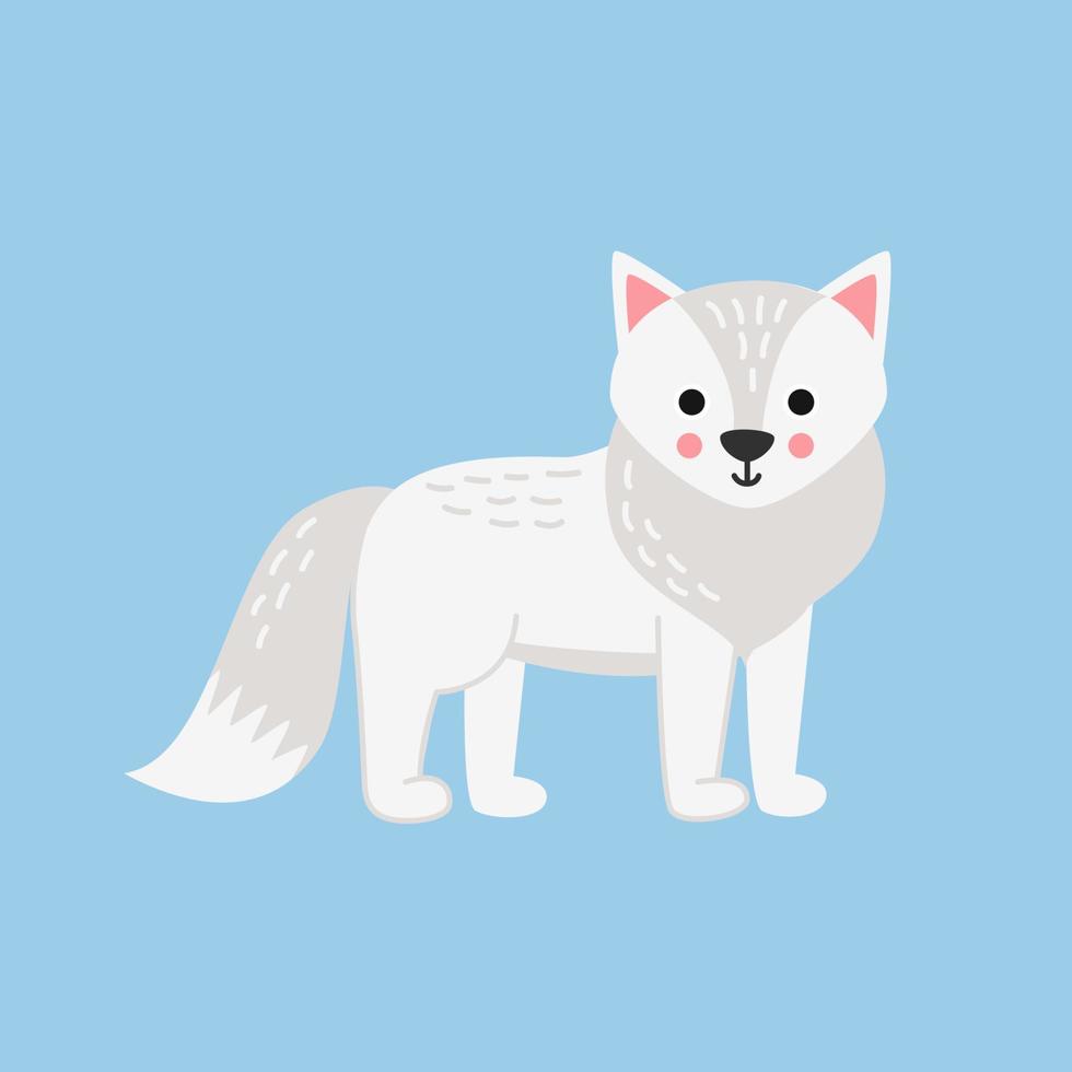 Vector illustration of cartoon arctic fox isolated on blue background.