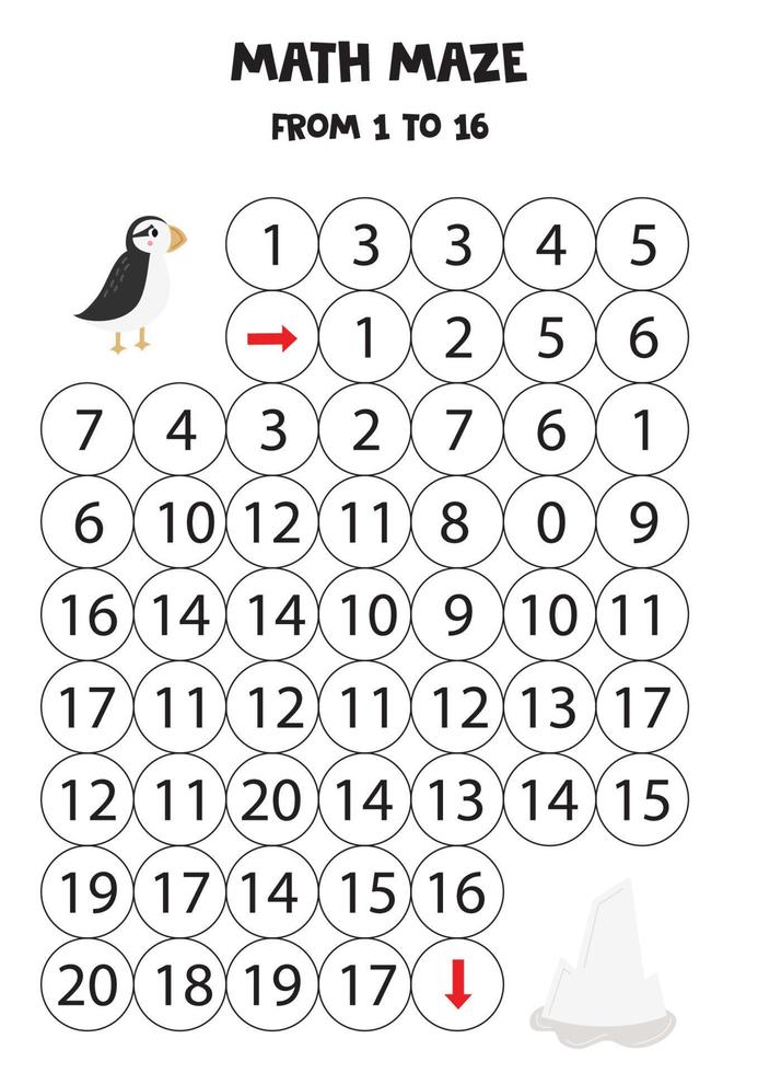 Get cute puffin to the ice berg by counting to 16. vector
