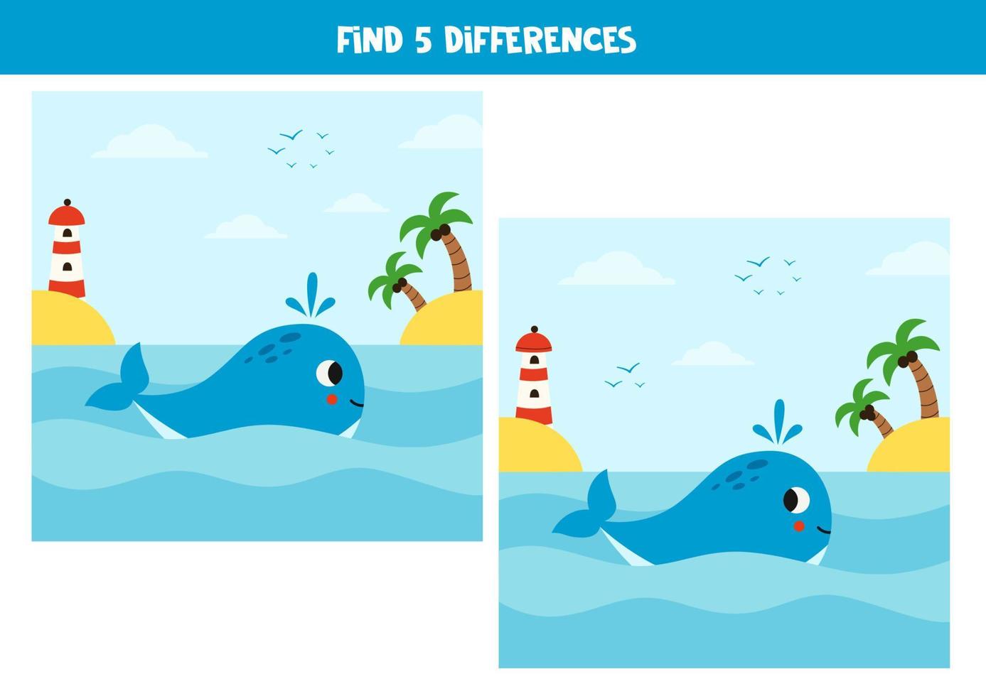 Find 5 differences between two cute cartoon whales. vector
