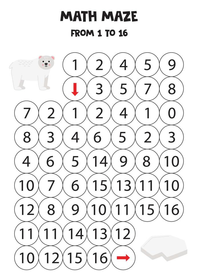 Get cute polar bear to the ice berg by counting to 16. vector