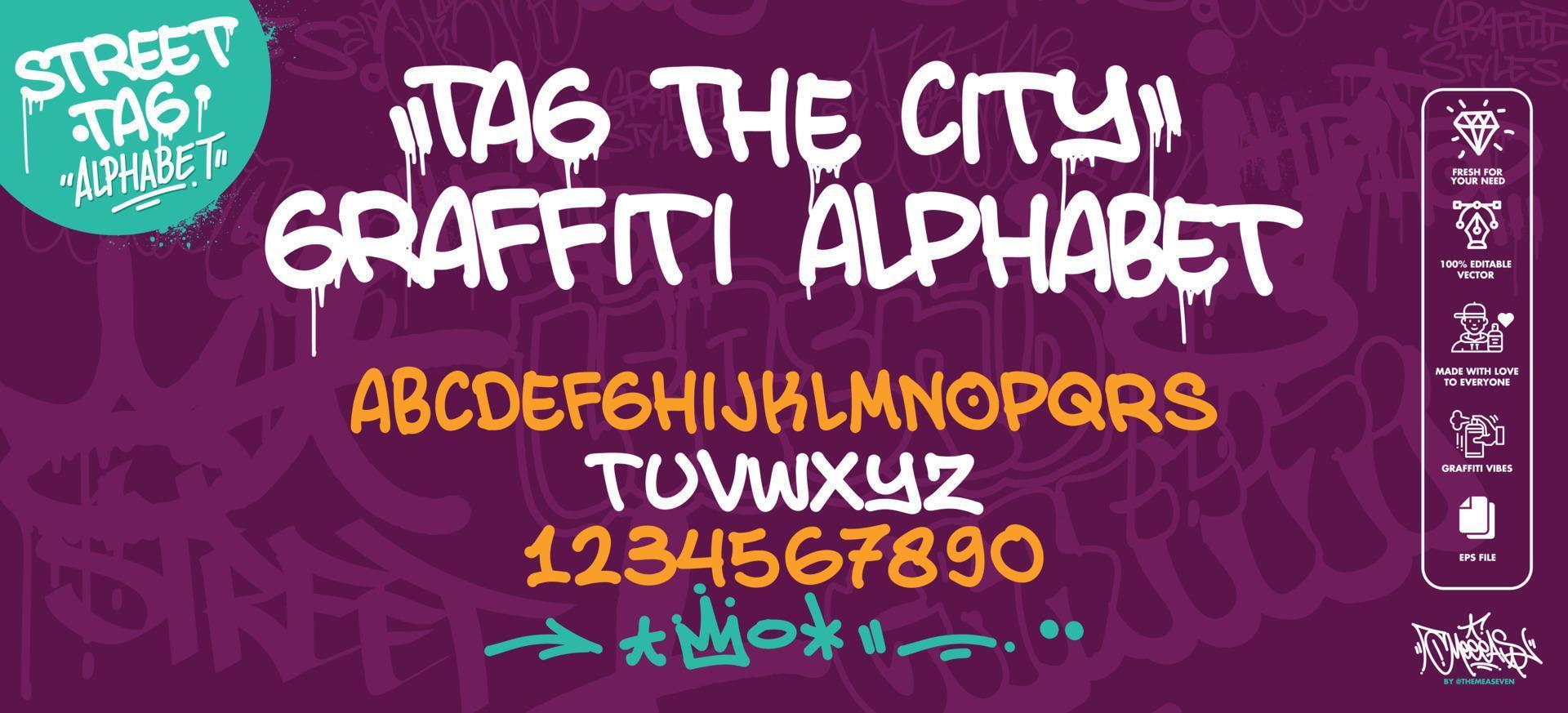 Modern Graffiti Art Alphabet. Vector font graffiti alphabet, cool decorative typography letters. Fully customizable colors