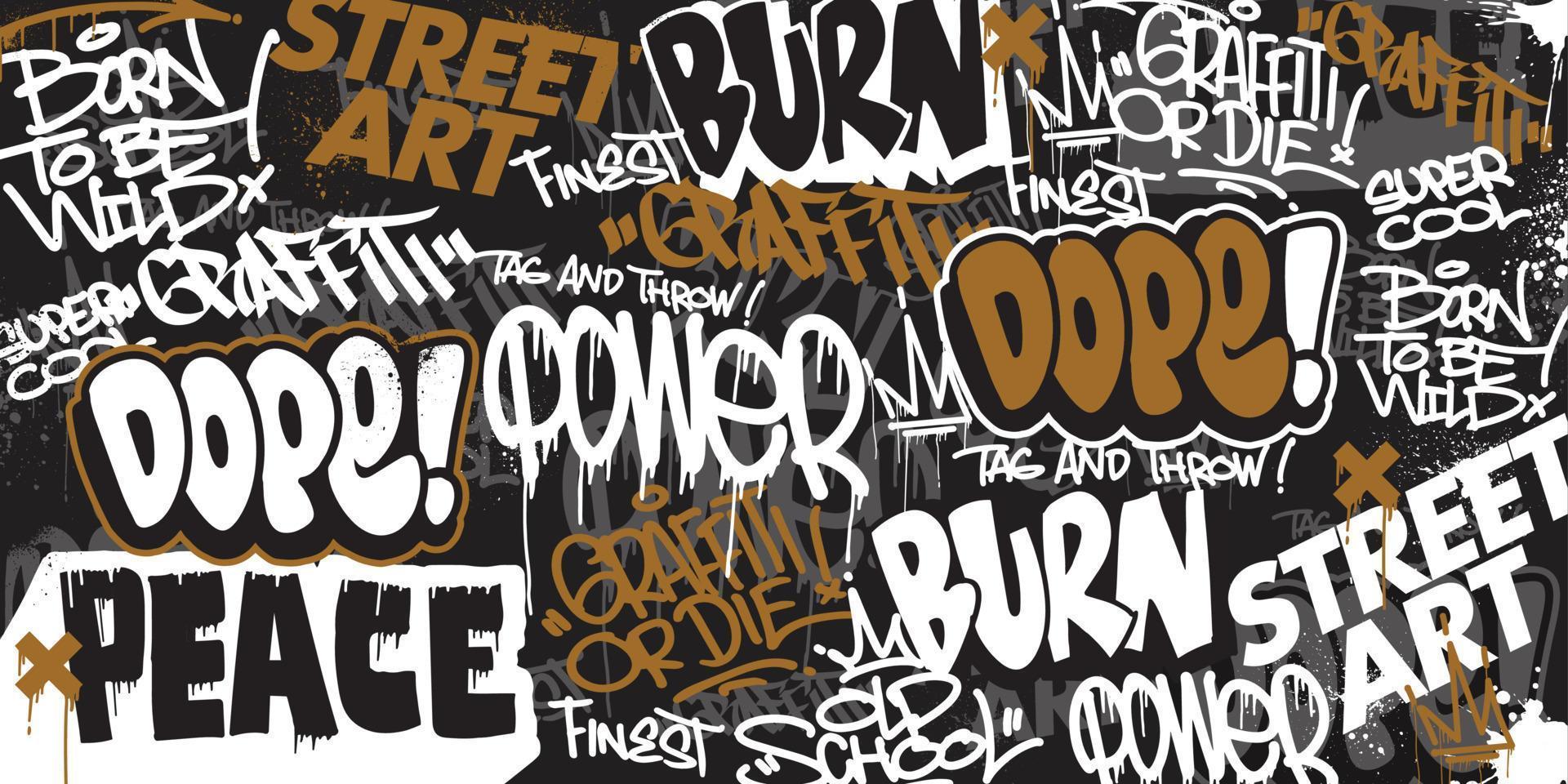 Graffiti background with throw-up and tagging hand-drawn style. Street art graffiti urban theme for prints, banners, and textiles in vector format.