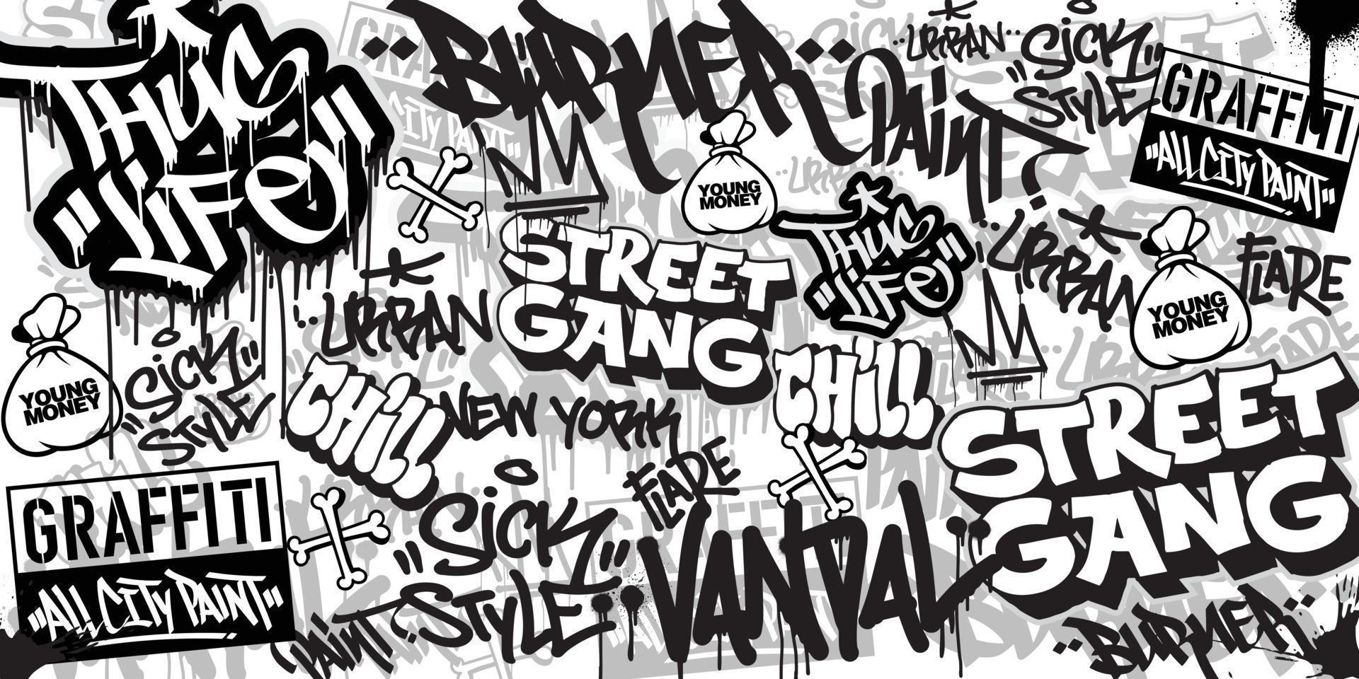 Graffiti background with throw-up and tagging hand-drawn style. Street art graffiti urban theme for prints, banners, and textiles in vector format.