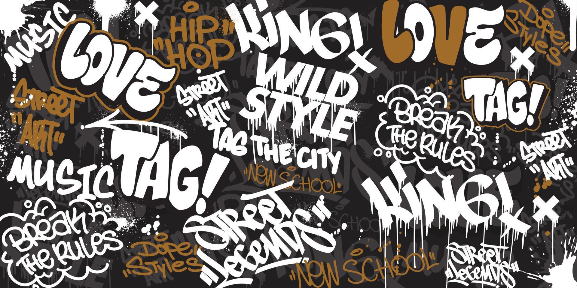 Graffiti background with throw-up and tagging hand-drawn style. Street art graffiti urban theme for prints, banners, and textiles in vector format.