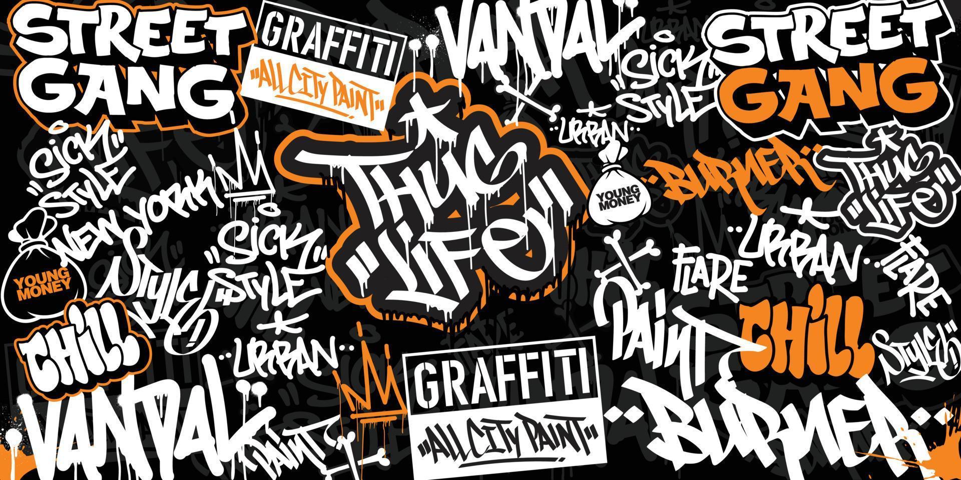 Graffiti background with throw-up and tagging hand-drawn style. Street art graffiti urban theme for prints, banners, and textiles in vector format.