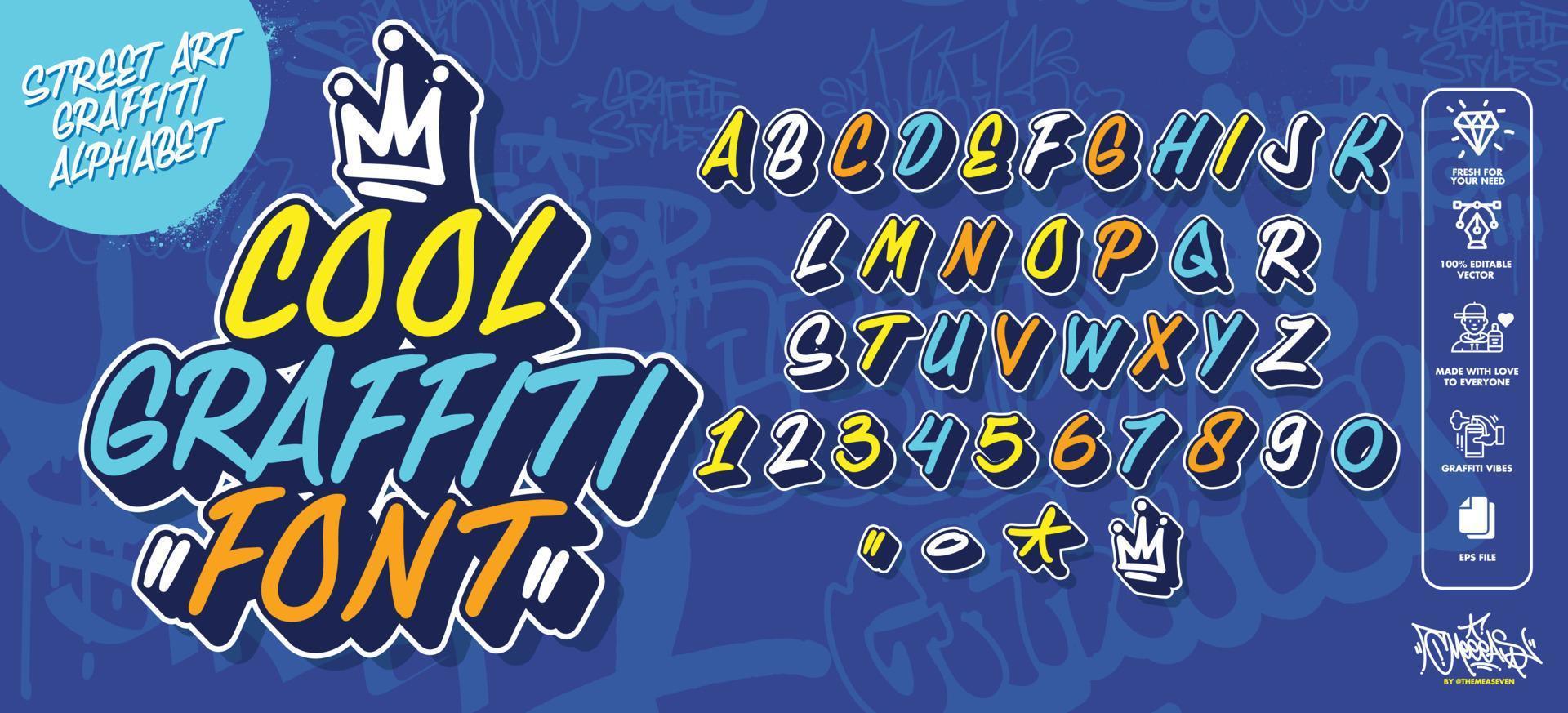 Modern Graffiti Art Alphabet. Vector font graffiti alphabet, cool decorative typography letters. Fully customizable colors