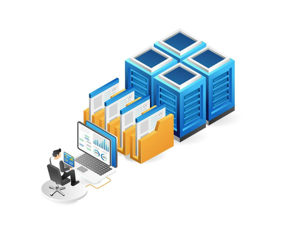 isométrica datos centrar concepto. nube almacenamiento y hospedaje datos centrar servidor habitación y nube informática. vector ilustración