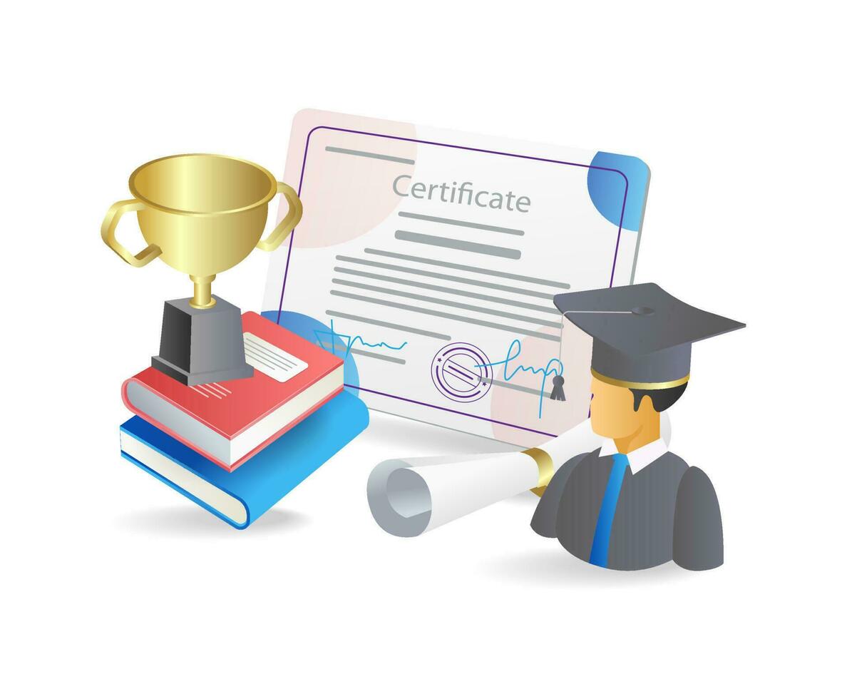 Graduate with diploma, books and trophy on white background. Vector illustration.