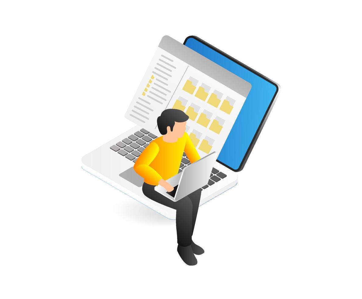 Isometric man with laptop and document on the screen. Vector illustration.