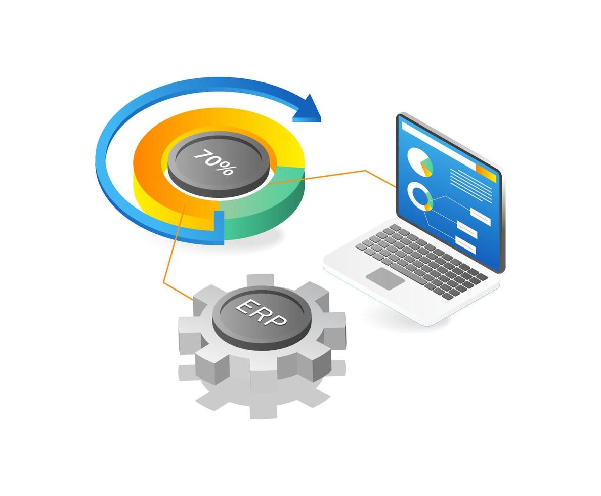 Laptop and pie chart. Isometric 3d vector illustration.