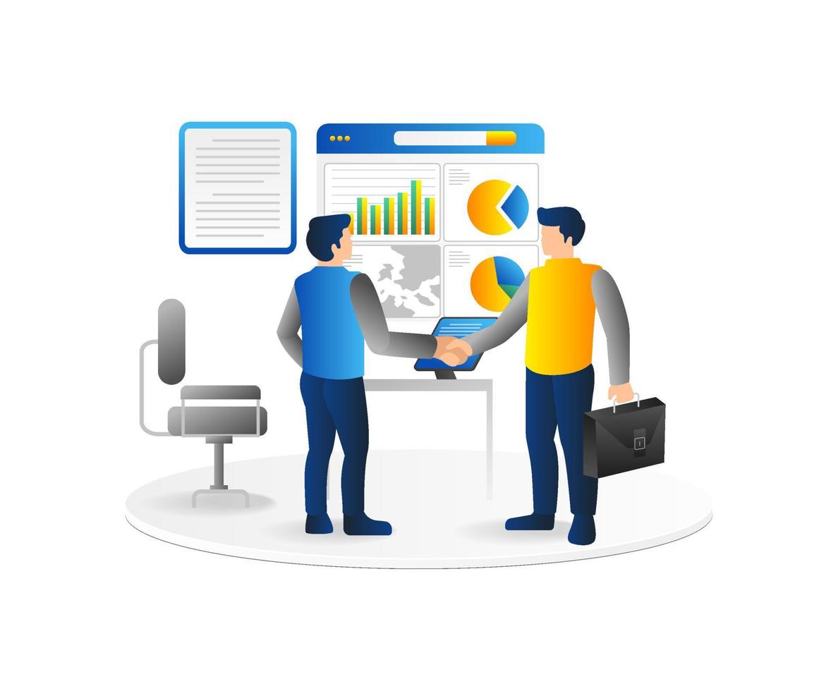 Business people shaking hands in the office. Vector illustration in flat style