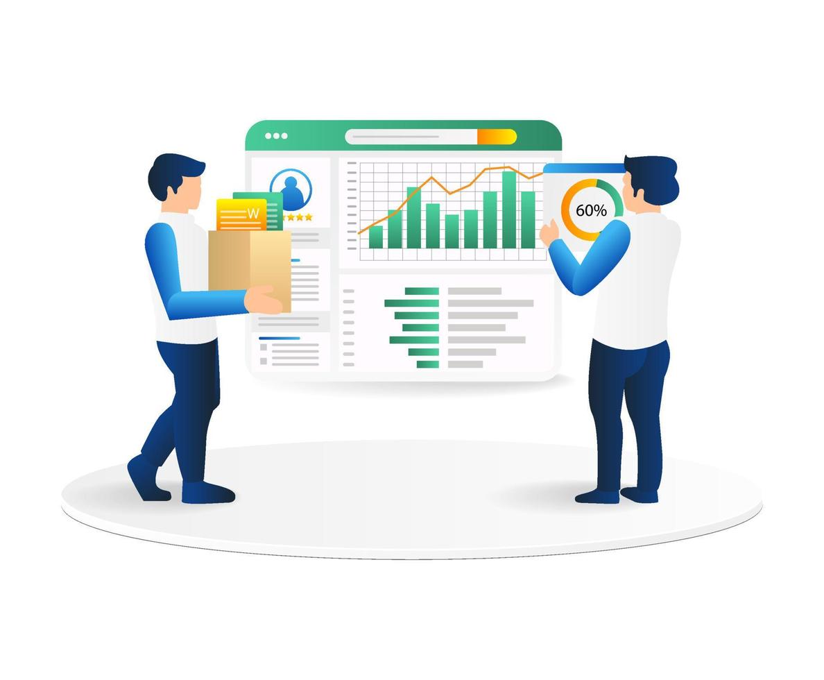 Business people are checking stock market. Vector illustration in flat style.