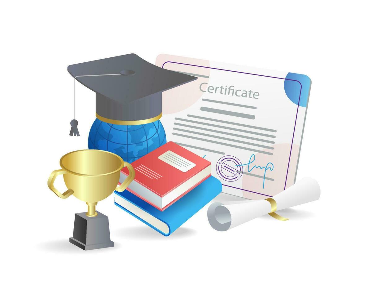 graduación gorra, diploma, diploma, libros y trofeo. vector ilustración