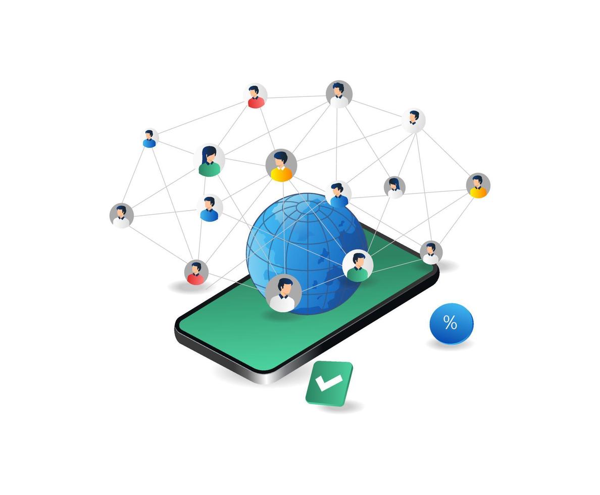 Smartphone with social network and people. Isometric vector illustration.