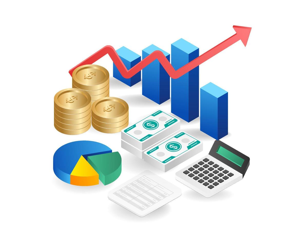 Vector isometric illustration of a growing graph with gold coins and calculator