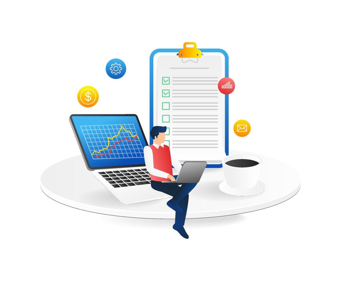 Businessman sitting on the table with laptop and report. Flat vector illustration.